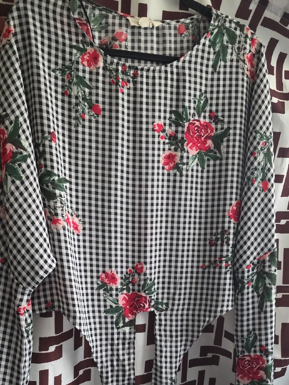 Floral Gingham Long-Sleeve Top - Black, White & Red